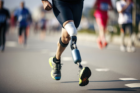 Marathon running race, people feet on city road close-upの素材