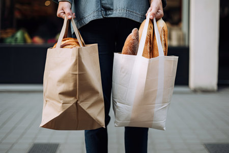 Cropped image of woman holding paper bags with bread and croissantsの素材