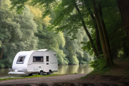 Caravan on the bank of the river in the forest. Camping on nature.の素材