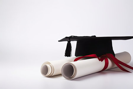 Graduation cap and diploma rolls on white background. Education concept.の素材