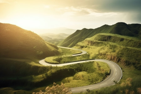 Beautiful landscape with road in the mountains. Photo in vintage style.の素材