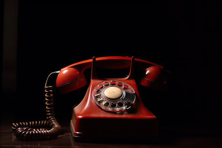 Vintage red telephone on a wooden table with black background and copy spaceの素材