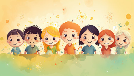Happy children on watercolor background.の素材