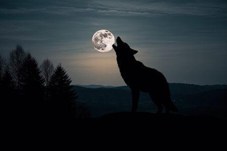 Silhouette of wolf in front of full moon at night.の素材