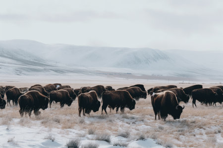 Bison herd in the snow on a cold winter day in Icelandの素材