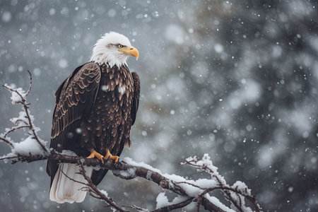 Bald Eagle (Haliaeetus leucocephalus) sitting on a branch during a snowfall.の素材