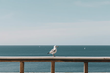 Seagull standing on a railing with the sea in the backgroundの素材