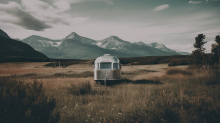 Camper trailer in the field of grass with mountains in the backgroundの素材
