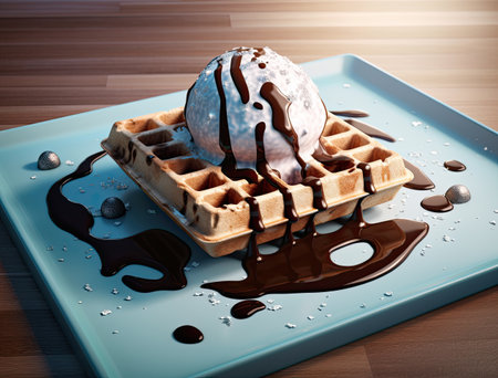 A waffle with chocolate syrup and ice cream on it.の素材