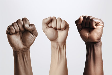 Close-up of raised hands with clenched fists on white background.の素材