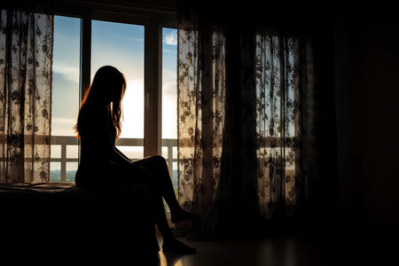 Silhouette of a girl sitting on the bed near a window during sunsetの素材