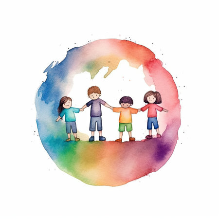 A watercolor drawing of children holding hands in a circleの素材