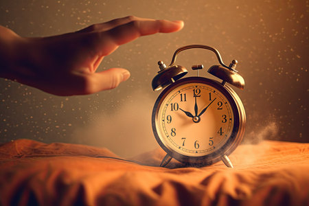 A hand reaches out to turn off the alarm. Time management concept.の素材