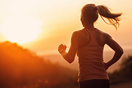 Runner athlete running at sunrise seaside. woman fitness jogging workout wellness concept.の素材