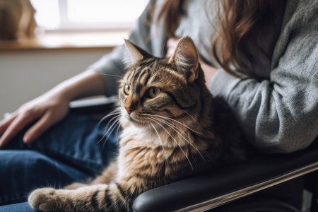 Close up of a woman in a wheelchair with her cat at homeの素材