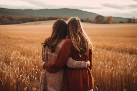 Two young women hugging in wheat field at sunsetの素材