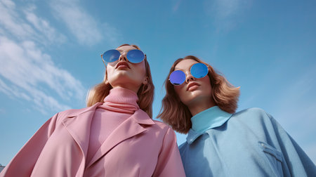 low angle view of two young women in sunglasses with blue sky background.の素材