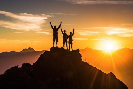 Successful team of climbers standing on top of the mountain during sunsetの素材