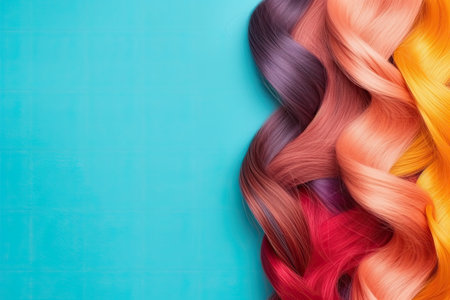 Colorful hair samples on blue background. Top view, copy spaceの素材