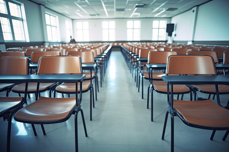 Empty classroom with rows of chairs. Toned image. Selective focus.の素材