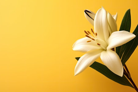 White lily on yellow background with copy space for your text.の素材