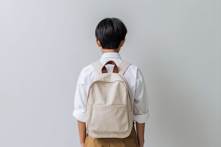 back view of schoolboy with backpack on white background with copy spaceの素材