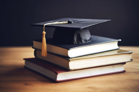 Graduation cap on stack of books on wooden table. Education conceptの素材