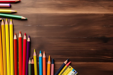 Colorful pencils on wooden background. Back to school concept.の素材
