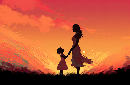 Silhouette of mother and daughter at sunset.の素材
