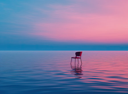 a chair in the sea at sunset. Solitude and unity with nature conceptの素材