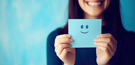 Smiling woman holding a card with a smiley face. Positive concept.の素材