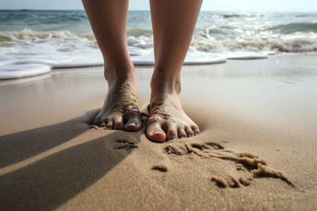 Feet on the beach. Relaxation, vacation, and romance concept.の素材