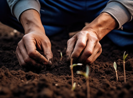Farmer planting a tree seedling. Care for environment concept.の素材