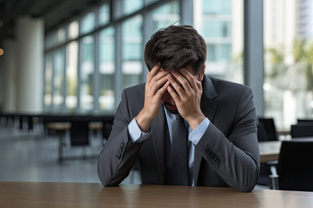 A burnout male employee sitting while covering his face. Mental healthの素材