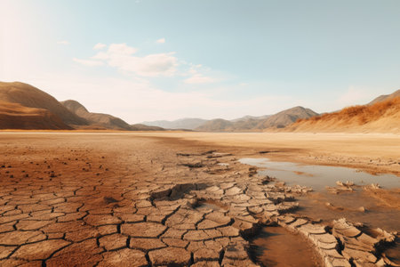 Dried-up riverbed with cracked mud due to the heatwave. Climate Changeの素材