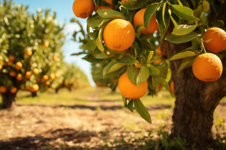 Ripe oranges on a tree in the orchardの素材