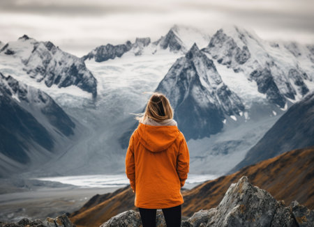 Back view of a female hiker looking at the mountainの素材