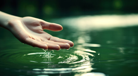 A hand touching the surface of a lakeの素材