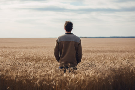Back view of a young man standing in a wheat fieldの素材