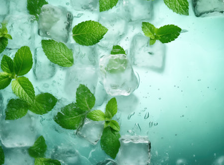 Ice cubes with mint leaves on a green liquidの素材