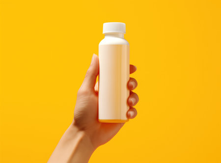Hand holding a bottle isolated on yellow, mockupの素材