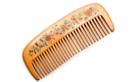 A wooden comb with a floral design isolated on whiteの素材