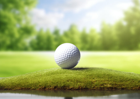 A golf ball on green grass with a blurred backgroundの素材