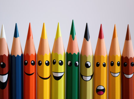 A row of colorful pencils with facial expressionsの素材