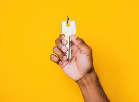 A hand holding a key isolated on yellowの素材