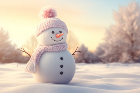 A snowman wearing a knitted hat and scarfの素材