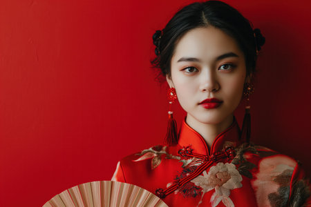 Young Chinese woman in traditional Chinese dress with copy spaceの素材
