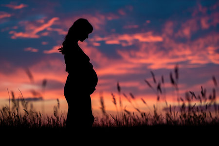 Pregnant woman silhouette against sunset skyの素材