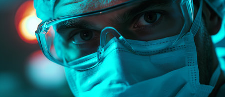 Closeup portrait of a surgeon with mask and gogglesの素材