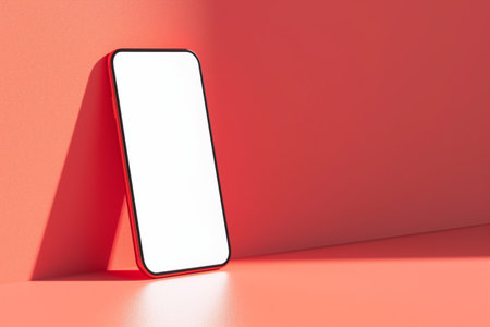 Smartphone mockup on red background for template designの素材